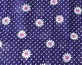 Vintage Fabric - 33"L x 44"W - Mod White & Hot Pink Daisies on Purple Polka-Dots - 60's - semi-sheer - textile - sewing supply - Retro