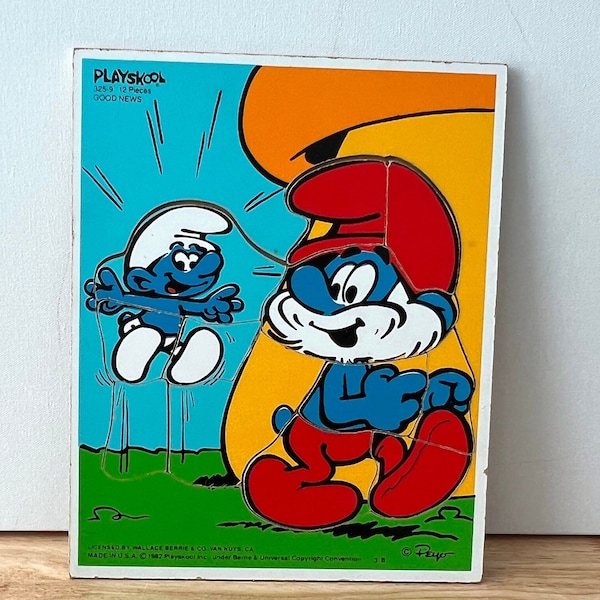 Vintage Puzzel - Smurf - Goed Nieuws - Opa en Baby Smurf - Houten Dienblad - Playskool - 80's - Retro Toy - Peyo - Smurf Cartoon