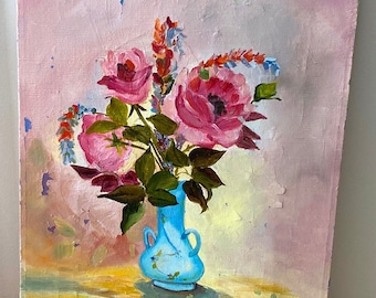 Vintage Painting - Floral Bouquet - Pink and Red Roses in a Small Blue Vase - 1980's - Acrylic Canvas Painting - Vintage Wall Decor