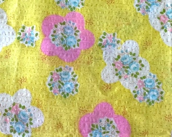 50"L x 29"W - Vintage Fabric - Bright Pink, White Flowers with Roses Inside on Yellow Seersucker - Retro - material - textile - sewing