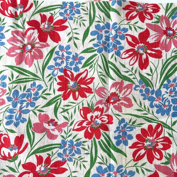 Vintage Fabric - Full - Flour - Feed Sack - Pink, Blue and Red Flowers - 36" x 44" - Quilting Supply - Cotton
