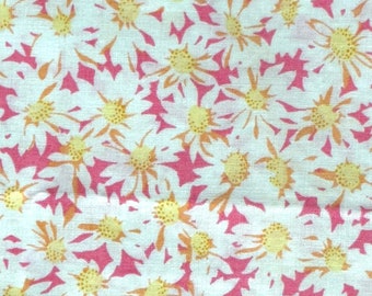 By the Yard x 33"W - Vintage Fabric - White and Yellow Daisies on Pink - Ameritex - material - textile - sewing supply - Retro Daisy Fabric