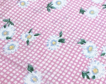 54"L x 44"W - Vintage Fabric - Pretty Pastel Pink & White Check and Daisies - Retro - Sewing Material - Craft Supply