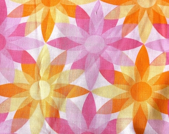 33"L x 38"W - Vintage Fabric - Mod Hot Pink & Orange Pointy Petal Daisies -  material - textile - sewing supply - Retro