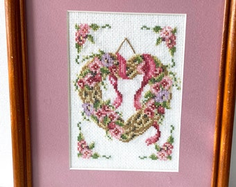 Vintage Tapestry - Beautiful Heart & Flowers Pink and Violet Cross Stitch - Home Decor - Wall Art - Retro Tapestry - Valentine - Love