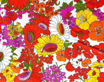 By the Yard x 43 - Vintage Bright Hawaiian Fabric - Daisy, Plumeria & Lilly - Hawaiian Bark Cloth - material - textile - sewing supply