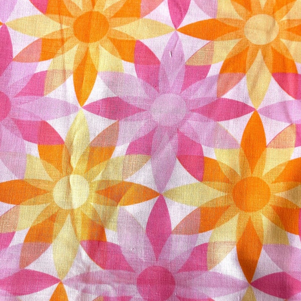 33"L x 38"W - Vintage Fabric - Mod Hot Pink & Orange Pointy Petal Daisies -  material - textile - sewing supply - Retro