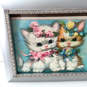 oeuvre d'art murale vintage pour chambre d'enfant - deux chatons mignons - encadré - réutilisé - grande carte de rétablissement inutilisée - années 1960