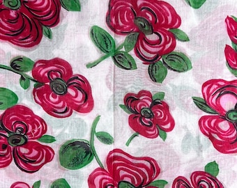 By the Yard x 36"W - Vintage Fabric - Bright Pink Flowers 3 Petal Flowers  - Semi Sheer - 50's - material - sewing supply - textile