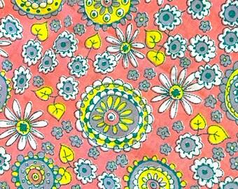 55"L x 44"W - Vintage Fabric - Groovy Lime & Turquoise Medallions and Daisies on Pink - Klopman Mills - 70's - material - textile - retro