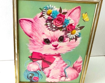 Vintage Nursery Wall Art - Cute Pink Kitten  - Framed - Re-Purposed - Large Unused Get Well Card - 1960's