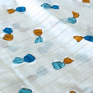 Vintage Dimity Fabric: Turquoise & Gold Candy, Marcus Bros. Retro Sewing Material, (By the yard x 44&quot;W)