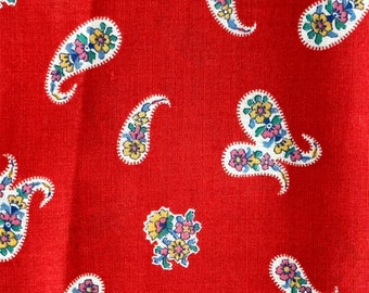 50"L x 44"W - Vintage Fabric - Floral Paisley on Red - 1970's - material - textile - sewing supply - Retro