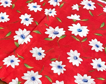 Tela vintage: (cortada a medida x 44" de ancho) Margarita blanca sobre algodón rojo cereza