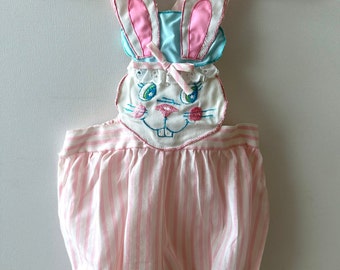 Vintage Toddler Baby Playsuit Romper - 18 Months - Pink & White Stripe Embroidered Bunny Face - 1970's - Retro Child's Sunsuit