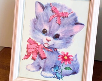 Vintage Nursery Wall Art - Cute Kitten Pink Bow - Framed - Re-Purposed - Large Unused Get Well Card - 1960's