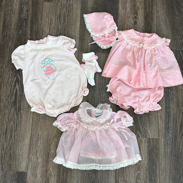 Vintage Baby Clothes Bundle - Pink & White Gingham Handmade Outfit /Healthtex Romper/ Nanette Dress/ Ruffle Socks - 1970's - 12 Months