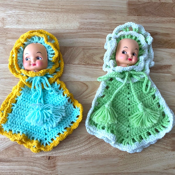 Vintage Doll - Hand Crochet Crib Doll - You Choose Blue or Green - Blanket Doll for Toddler- Retro Blanky Doll