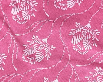 54"L x 44"W - Vintage Fabric - Pretty White Flowers & Dotted Stems and Vines on Pink - material - sewing supply - Retro