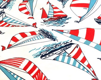 1970/'s material Retro free shipping sewing supply Vintage Fabric textile Sailboats 50L x 44W Nautical
