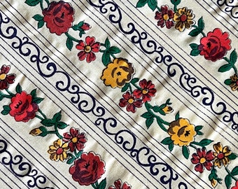 By the Yard x 44"W - Vintage Fabric - Daisies, Roses and Scrolls - Seersucker - Red & Gold - material - textile - sewing supply - Retro