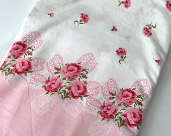 Vintage Fabric - By the Yard x 36"W - Border Print - Feed/Flour Sack - Pillows, Curtains - Pink Carnations - Sewing Supply - Cotton