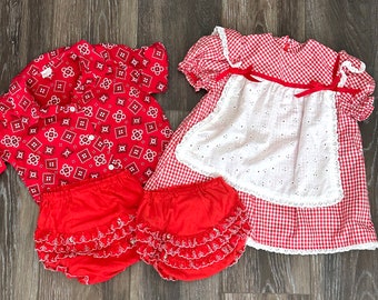 Vintage Toddler Bundle - 4T - Red & White Gingham Dress/Bandana Shirt with 2 Ruffle Bottoms - J.R. Love Co. Texas 1960's - Country