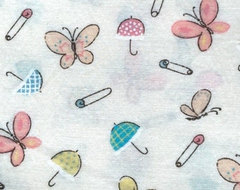 By the Yard  x 44"W - Vintage Fabric - Cute Umbrellas, Butterflies and Diaper Pins Pastel Colors  - Juvenile - textile - Baby Blanket