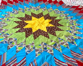 Vintage Feed Sack Quilt Top, Antique Crazy Quilt Top, 63 X