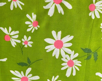 40"L x 44"W - Vintage Fabric - White & Hot Pink Daisy/Daisies Flowers on Lime Green - Groovy - 70's - material - textile - sewing supply