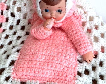 Vintage Doll - Hand Crochet Crib Bed Doll with Pink Baby and Bottle - Blanket Doll for Toddler Bed - Retro Blanky