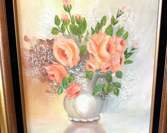 Vintage Painting - White Vase with Pink/Peach Roses and Babies Breath - 1980's - Acrylic Canvas Painting - Vintage Wall Decor