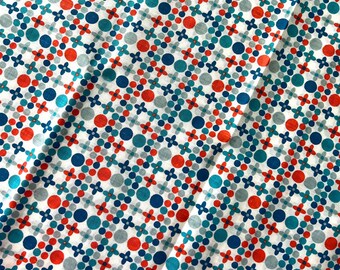 34"L x 34"W - Vintage Fabric - Mid Century - Teal, Aqua & Red Dot and Dash Pattern - Sewing Material - Craft Supply - Retro - MCM