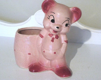 Vintage Planter - Pink Bashful Bear & Honey Pot - 1950's - Retro Planter - flower pot