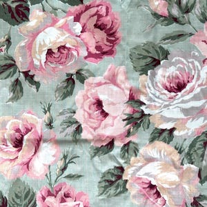 By the Yard x 48&quot;W - Vintage Fabric - Gorgeous Pink Cabbage Roses on Sea Foam Green - 70&#39;s - material - textile - sewing supply