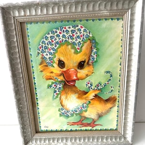 Art mural vintage pour chambre d'enfant - mignon caneton avec tablier - encadré - réutilisé - grande carte de rétablissement inutilisée - années 1960