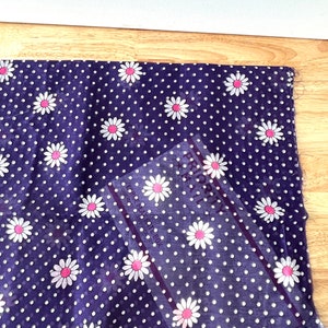 Peut inclure: Un morceau de tissu bleu marine avec un motif de pois blancs et des marguerites blanches &agrave; centres roses. Une r&egrave;gle transparente est plac&eacute;e en diagonale sur le tissu. Le tissu est sur une surface en bois brun clair.