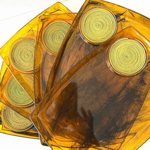 Vintage Tray - Set of Six Amber Lucite Trays - Tortoise Design Tray - Snack Tray with Cup holder - Vintage  Party Tray
