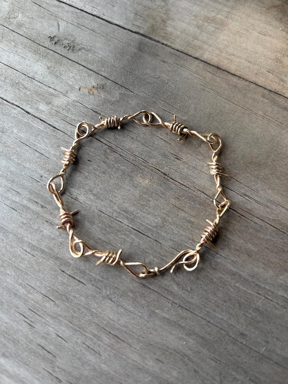 Handmade Barbed Wire Bracelet 18 gauge Solid 14k Yellow Gold.