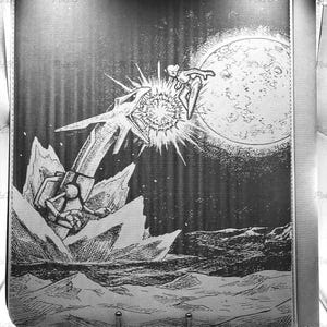 Peut inclure: Classeur de cartes noir et blanc avec une illustration de style manga d'une scène de bataille futuriste. L'œuvre représente une figure en combinaison spatiale, une grande arme et une planète. Le texte "Poke B" est visible en haut à gauche.