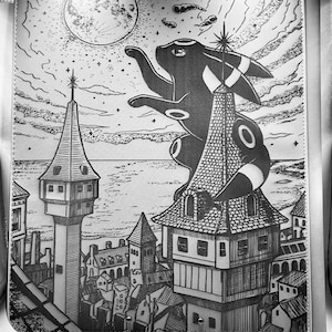 May include: Black and white illustration of a creature with large ears atop a building, under a full moon. The artwork features a detailed cityscape with towers and a starry sky, creating a whimsical, fantasy theme.