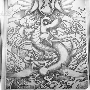 May include: A black and white illustration of a fantasy creature design on a binder. The artwork features a dragon-like creature with wings, surrounded by stars and flames. The binder has a leather-like texture.