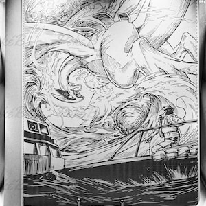 May include: Black and white illustration of a sea monster attacking a boat. The artwork is in a comic book style, with detailed waves and a person on the boat. The binder has a gray cover.