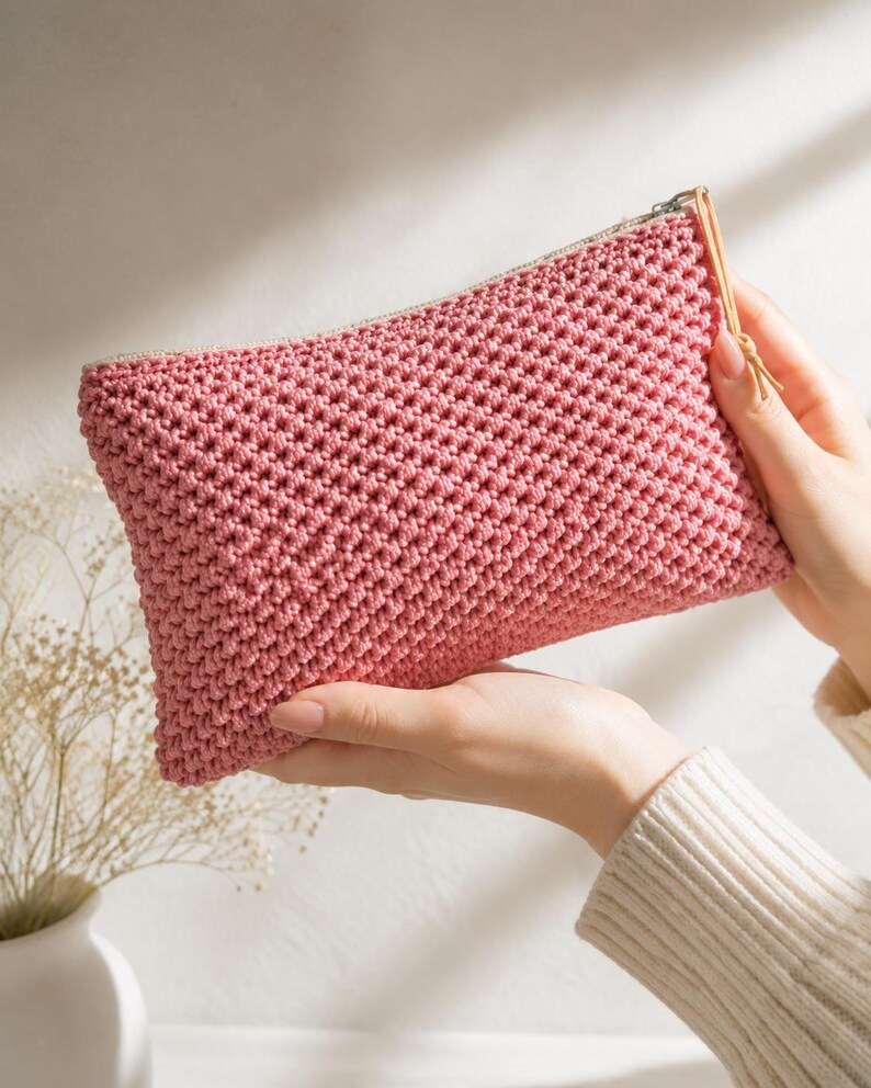 May include: A handmade, pink crochet clutch with a textured stitch pattern. The rectangular bag has a zip closure with a tan pull tab. The clutch is held in front of a white background.