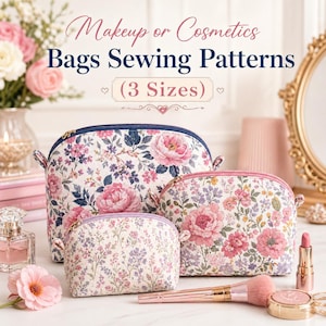 Könnte beinhalten: Drei Kosmetiktaschen mit Blumenmustern in verschiedenen Größen. Die Taschen haben einen weißen Hintergrund mit rosa und lila Blumen. Der Text oben lautet "Makeup or Cosmetics Bags Sewing Patterns (3 Sizes)".