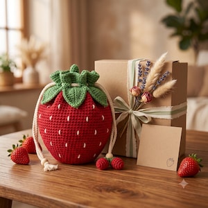 May include: A red crocheted strawberry-shaped drawstring pouch with green leaves, white seed details, and cream-colored rope ties. Beside it sits a brown cardboard gift box tied with a light green ribbon, dried flowers, and a blank note card.