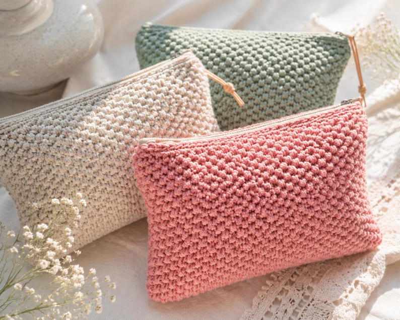 May include: Three crochet pouches in cream, sage green, and pink. Each pouch has a textured stitch, a zip closure, and a small leather pull. The rectangular pouches are made from cotton yarn. The image shows a close-up of the pouches.