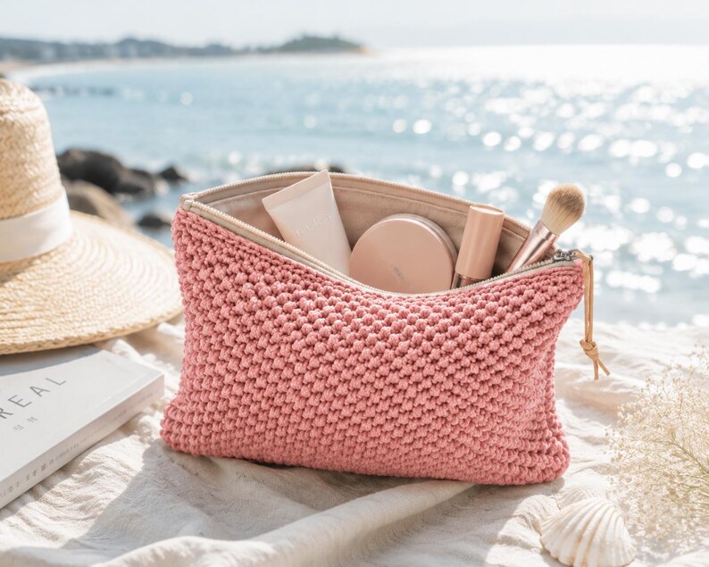 May include: A pink, textured cosmetic bag with a zip, containing makeup items. A straw hat and a book are beside the bag. The background shows the sea and a sunny day.