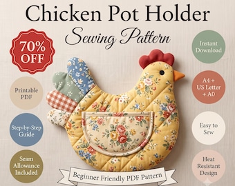 Chicken Oven Mitt Sewing Pattern PDF | Chicken Pot Holder Pattern | Farmhouse Kitchen Potholder | Quilt Hot Pad | Instant Download