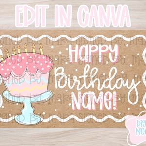May include: A birthday card design featuring a pink cake with candles on a light blue cake stand. The words "Happy Birthday NAME!" are written in white and pink on a brown background. The words "EDIT IN CANVA" are at the top.